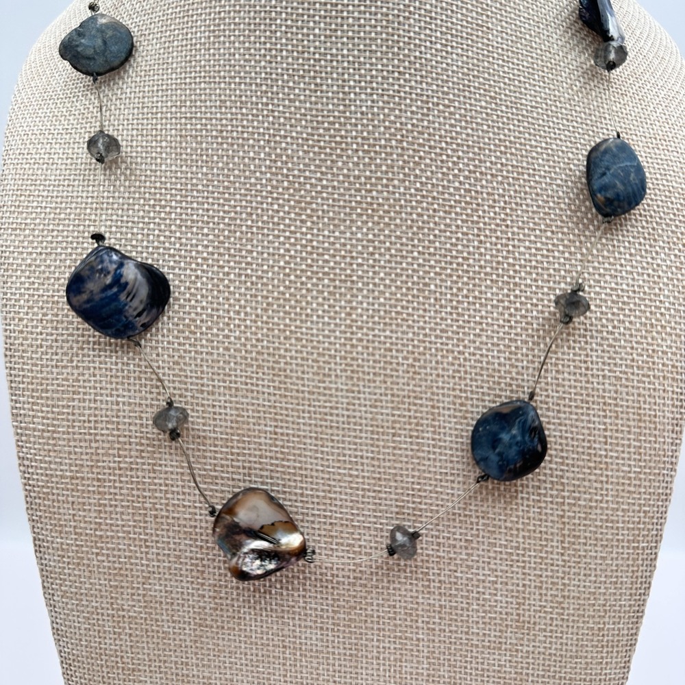 Vintage Y2K Iridescent Shell Beaded Station Necklace Retro Boho Wire Jewelry